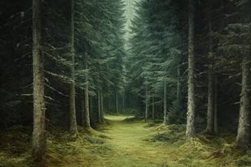 Fototapeta premium Lush Green Canopy: A Sustainable Forest of Old Spruce, Fir, and Pine Trees