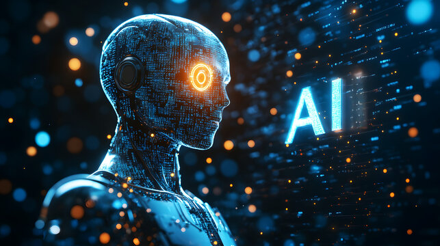 Artificial intelligence in a humanoid form with a neural network ponders. The AI with a digital brain processes large datasets and analyzes information