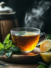 Inviting herbal tea with fresh herbs and lemon slices, creating a tranquil atmosphere for wellness and relaxation, perfect for a calming moment at home.