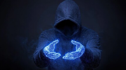 Digital Sorcery: Hooded Hacker Summoning Data with Glowing Hands in Mysterious Virtual Environment