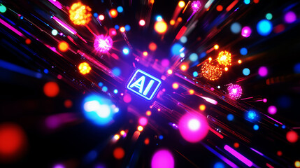 Fototapeta premium Processor surrounded by colorful glowing symbols of AI intelligence