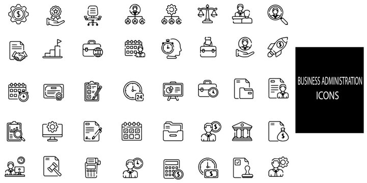 Business Administration simple concept 40 icons set. Contains such Business Suite, Office Hub, Admin Pro, Corporate Connect, Enterprise Center, Biz Solutions, Management Hub, Comm.Vector illustration.