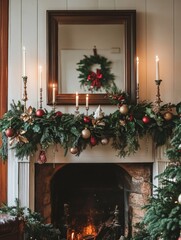 Festive Mantelpiece Display, a cozy holiday scene adorned with lush garlands, glowing candles, and cheerful ornaments, radiating warmth and joy in a home environment