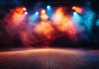 Vibrant Stage Ambiance, an empty performance space illuminated by colorful spotlights, enveloped in a mystical haze, evoking anticipation for an upcoming show.