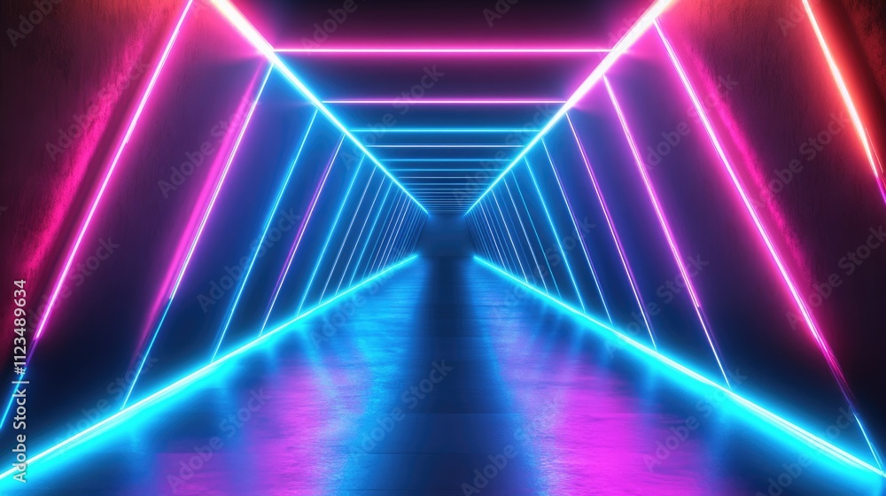 Poster futuristic corridor of colorful neon lines in an endless geometric tunnel, blending modern design wi