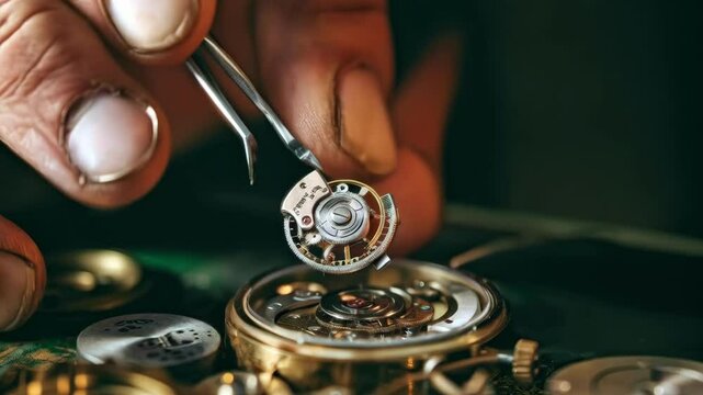 Close-up of a skilled watchmaker repairing a mechanical watch with precision tools, showcasing craftsmanship and detail