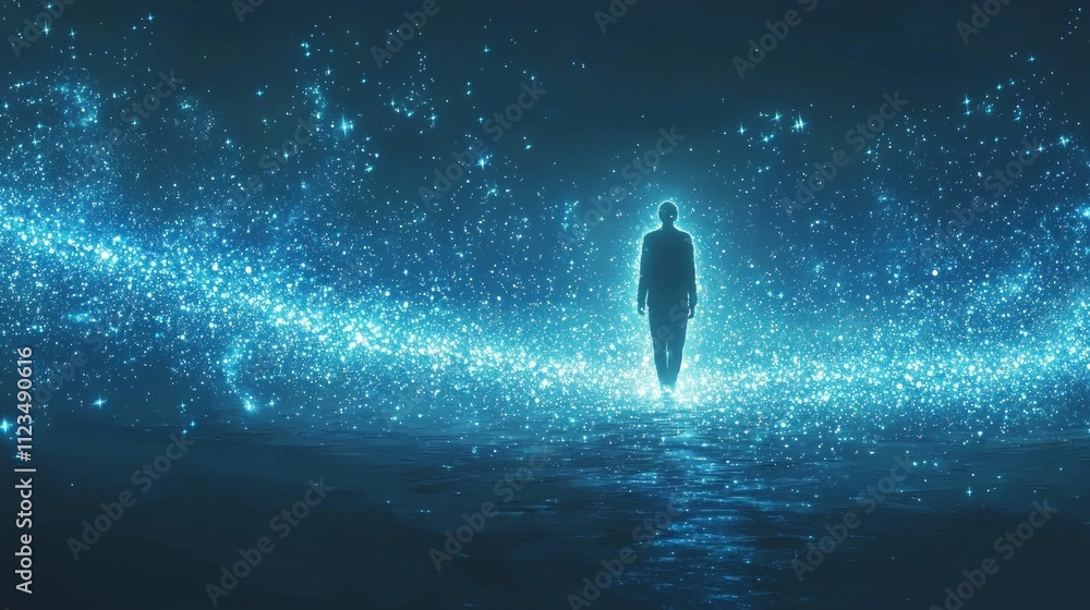 Poster solitary figure glows gentle light floating peacefully vast array stars. surrounding celestial patte