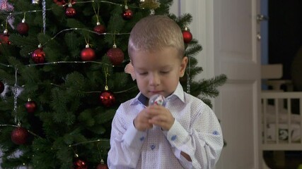 Happy child holding snow globe with figurine of Santa Claus. Smiling face of little boy near Christmas tree. Merry Christmas and Happy New year winter holidays.