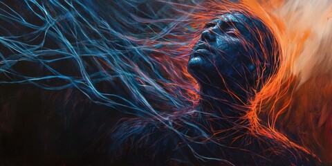 An abstract representation of a figure trapped in tangled threads of dark and light colors, symbolizing the physical effects of stress and anxiety"