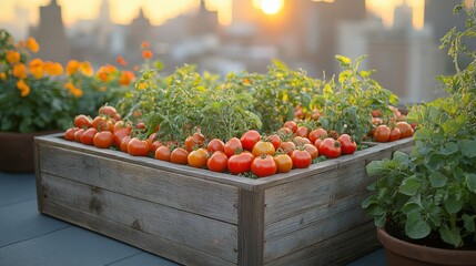 Vibrant Urban Rooftop Garden Featuring Freshly Ripe Tomatoes Against a Stunning Sunset Skyline in a Bustling City Environment