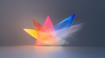 Colorful Translucent Prism Shapes with Vibrant Light Reflections on Dark Background, Creating Abstract Kaleidoscopic Effect