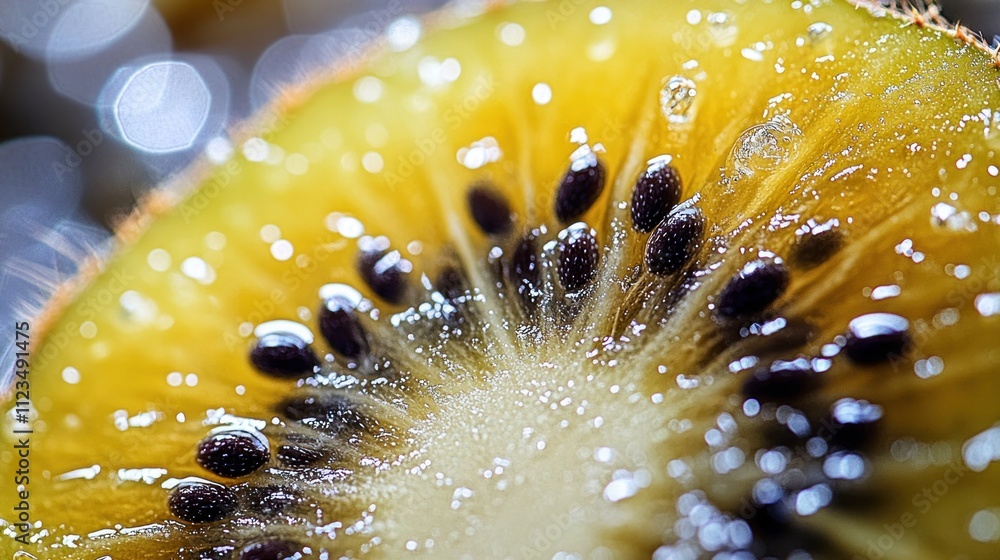 Poster close-up of a sliced kiwi showcasing its vibrant color and texture.