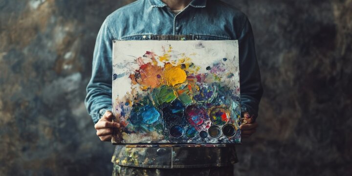 An artist standing in front of a blank canvas, holding a palette with mixed colors, their expression a blend of frustration and determination"