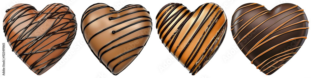 Poster png a row of four heart-shaped chocolates, each adorned with elegant drizzles of dark and milk choco