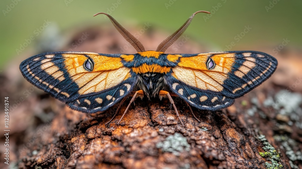 Poster close-up of a vibrant orange and black butterfly on a tree bark, showcasing intricate wing patterns 