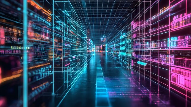 Futuristic retail store with smart shelves, showcasing digital transformation and automation.