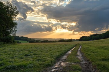 Dramatic Storm Clouds Looming Over a Golden Field at Sunset