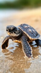 Fototapeta premium Close-up of a Baby Sea Turtle Walking on the Shoreline, Highlighting Its Textured Shell and Beautiful Natural Habitat with Soft Ocean Waves in the Background