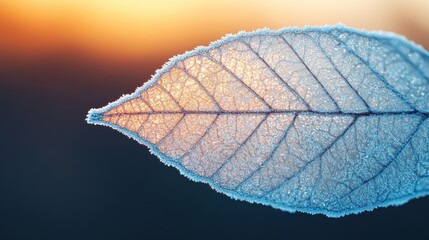 Obraz premium Close-up of a Frosted Leaf with Intricate Veins Captured Against a Beautiful Sunrise Background, Showcasing Nature's Stunning Details and Textures