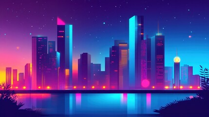 Fototapeta premium Vibrant city skyline at night with colorful lights