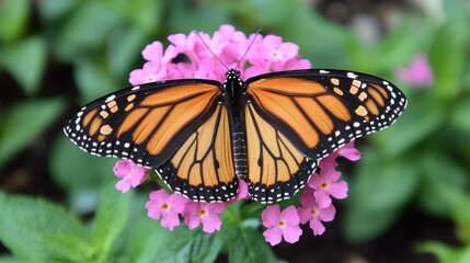 Fototapeta premium A vibrant monarch butterfly resting on a pink flower, showcasing nature's beauty.