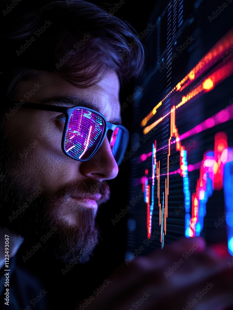 Poster a focused individual analyzes digital data reflected in glasses, immersed in vibrant charts and grap