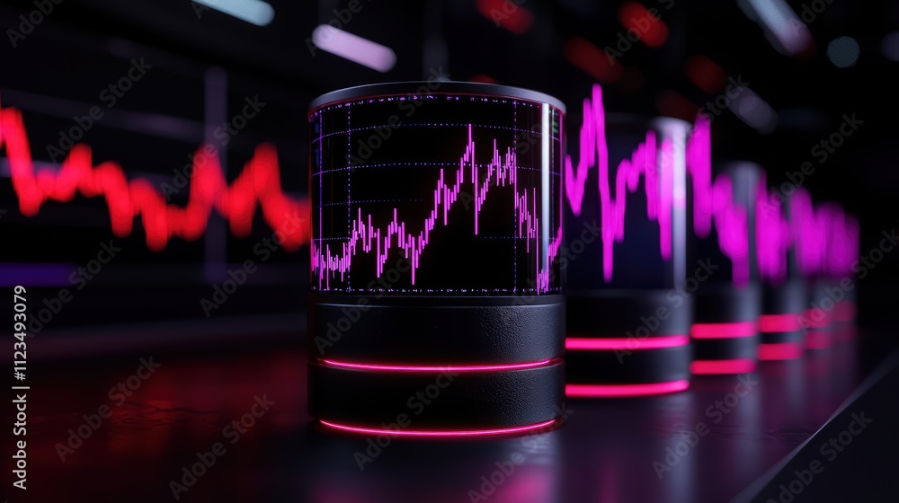 Poster a futuristic display of vibrant line graphs, showcasing data trends with glowing effects and contras