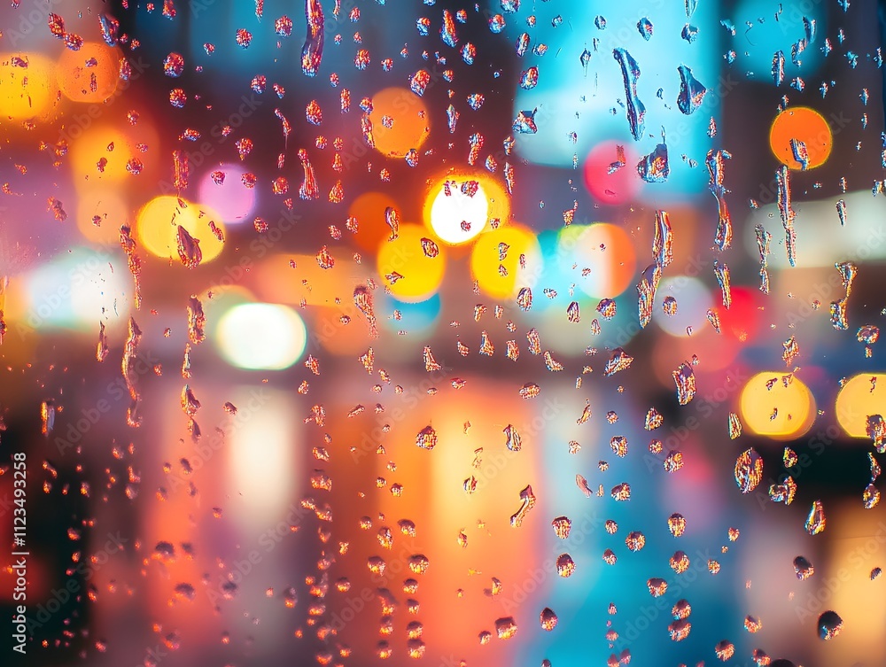 Poster raindrops on glass with a colorful bokeh background, capturing the vibrancy of urban life in a rainy