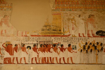 Tombs of the Nobles, Luxor, Egypt, Africa. Painted wall frieze of Ramose burial procession in tomb...