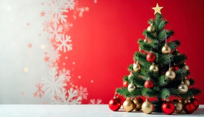 Fototapeta premium christmas tree and decorations with a red and gold ornaments