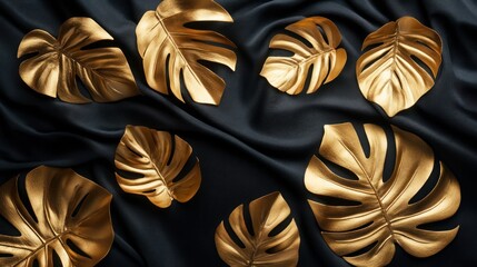Golden tropical leaves arranged on a dark fabric background, creating an elegant aesthetic.