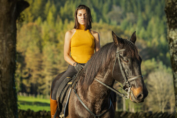 Fototapeta premium Confident woman on horseback amidst serene woodland scenery. Lifestyle. Horse riding.