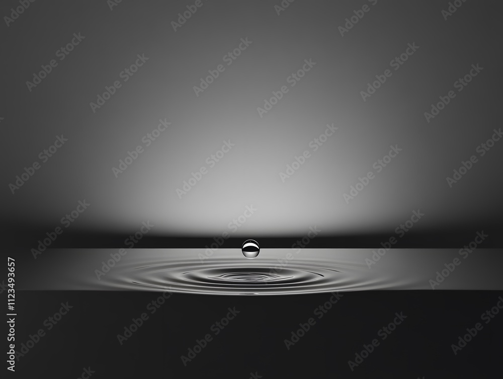 Aufkleber Serene Water Droplet Creating Ripples on a Reflective Surface with Soft Gradient Background in Monochrome Colors for Tranquility and Minimalism Aesthetic