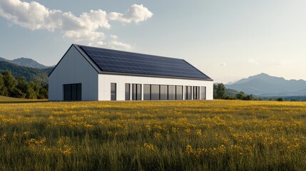 Obraz premium Modern Eco-Friendly House Surrounded by Lush Green Field and Scenic Mountain View, Featuring Solar Panels on Roof, Perfect for Sustainable Living and Nature-Inspired Design