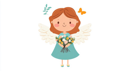Cute angel with brown hair holding flowers in a green dress