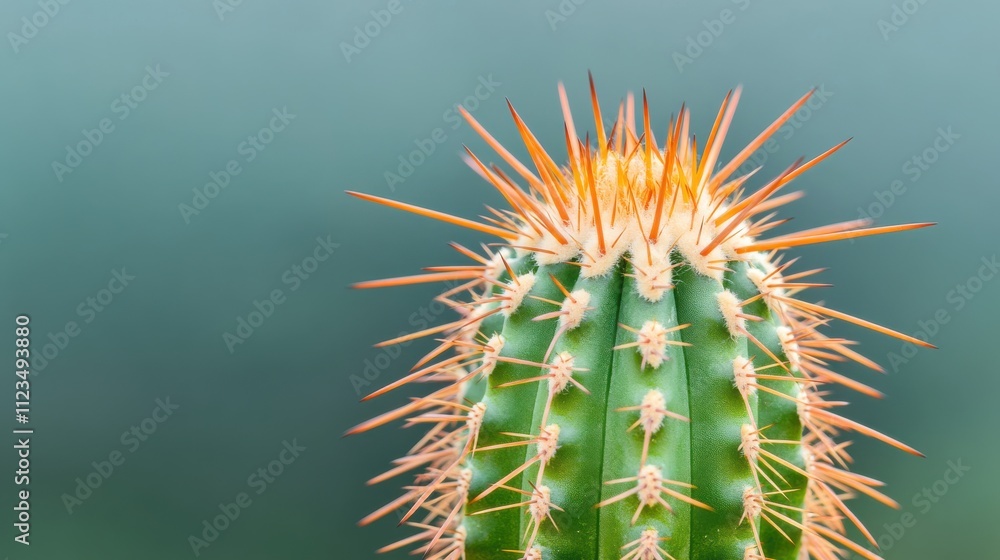Poster detailed close-up of a cactus with sharp spikes against a soft blue background highlighting nature's
