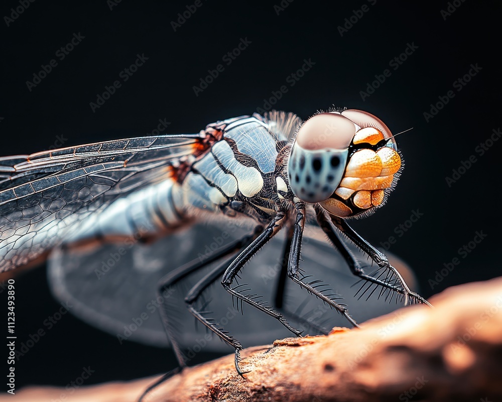 Poster close-up of colorful dragonfly on twig with detailed features and stunning focus in a dark backgroun