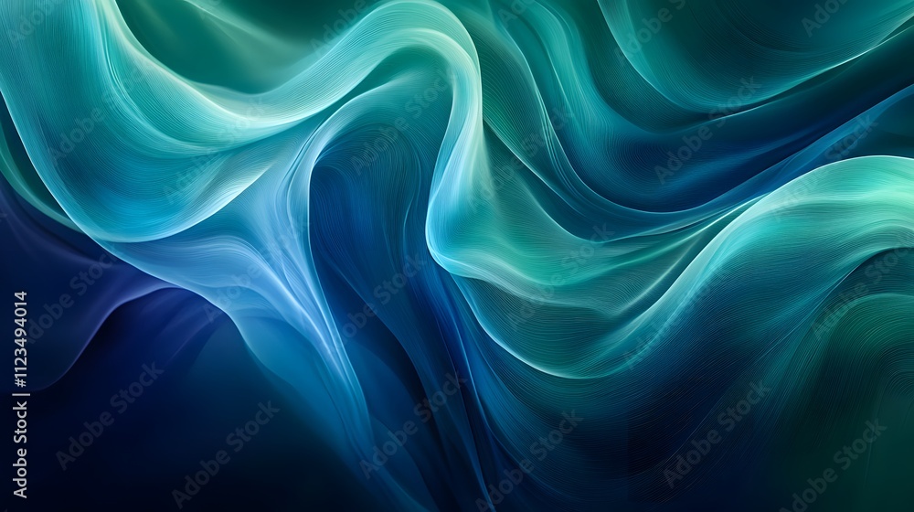 Poster Abstract Fluid Patterns in Shades of Blue and Green, Capturing the Essence of Movement and Flow in a Dreamlike Environment