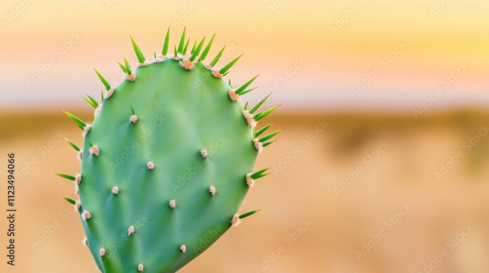 Aufkleber close-up view of a prickly pear cactus with green pads and sharp thorns against a soft natural backg