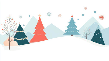 Festive Christmas greeting card with colorful trees and snowy background