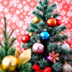 Fototapeta premium christmas tree and decorations with a red and gold ornaments