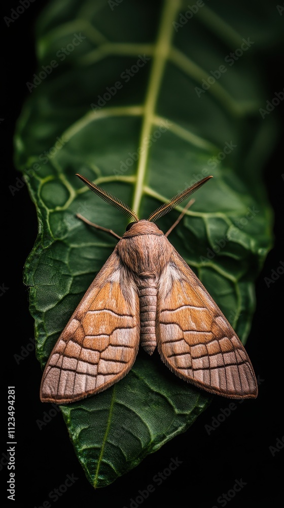 Poster close-up of a brown moth resting on a green leaf with intricate patterns and textures, highlighting 