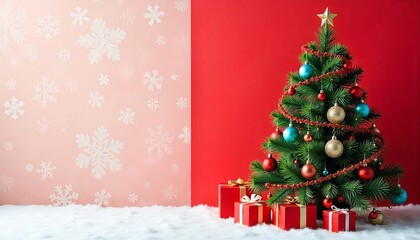 Naklejka premium christmas tree and decorations with a red and gold ornaments