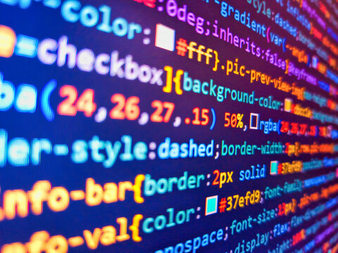 Monitor technology concept. Abstract background for search job. Programmer monitor with php language code. Special characters. Software code or script  abstract background with numbers.