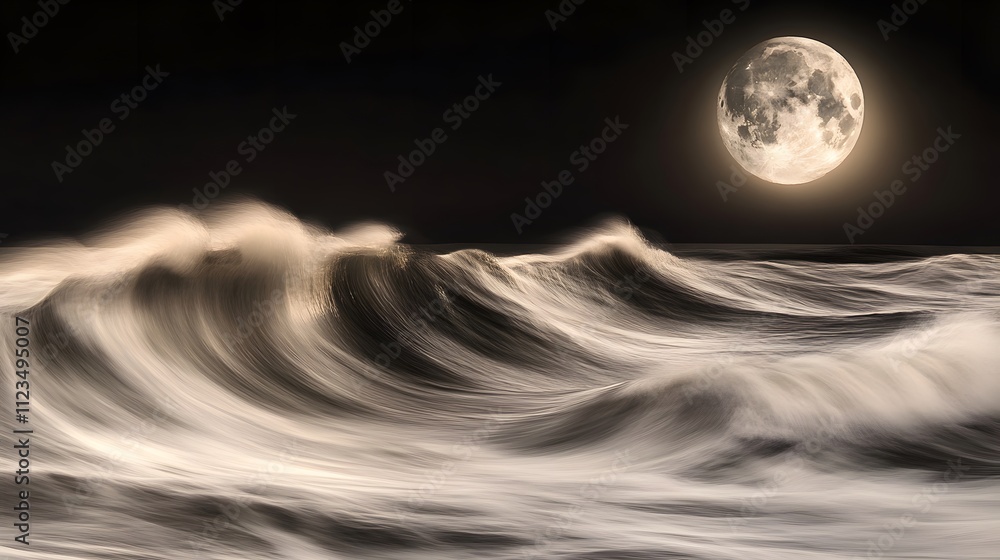 Poster serene night view of waves under a full moon brightening the ocean landscape with gentle swells and 