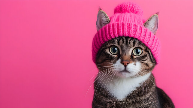 Cute cat wearing a bright pink hat against a vibrant bright pink background, ideal for playful product promotions, trendy fashion ads, and youthful branding concepts
