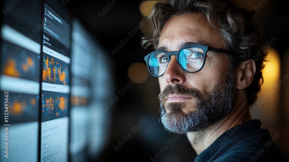 Poster man with glasses focused on data analysis screens