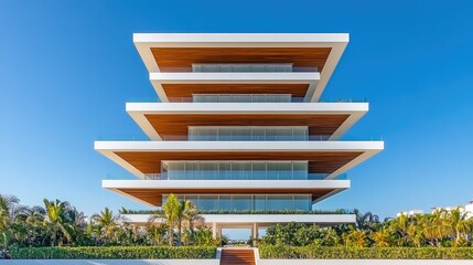 Fototapeta premium An apartment building designed in a contemporary style showcases glass and wood materials, rising amid lush tropical plants under a sunny sky