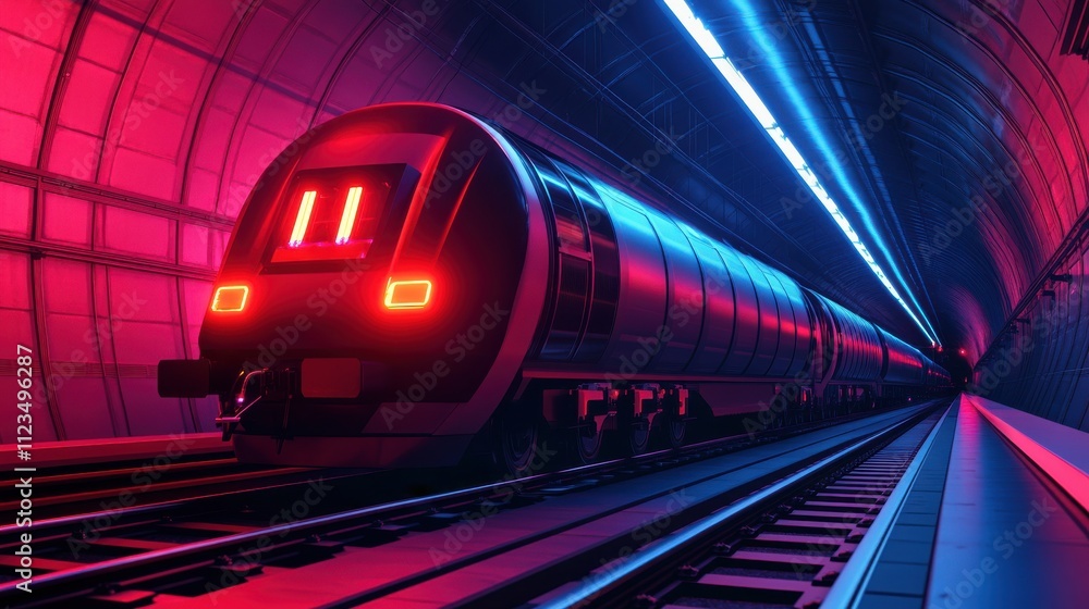 Poster futuristic train traveling through neon-lit tunnel with vibrant colors and dynamic lighting creating