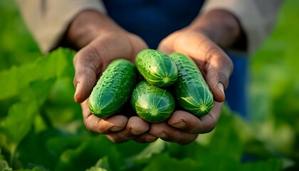 A close-up shot of a farmer’s hands gently holding fresh cucumbers, symbolizing the connection between discipline in farming and ensuring food security for communities